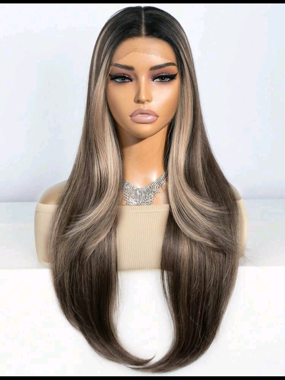 Long Straight Highlighted Lace Front Wig in Ash Brown and Blonde - Unbranded